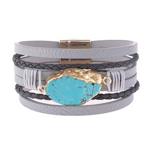 MULTI LINE LEATHER WITH MAGNETIC LOCK CHARM BRACELET-GRAY
